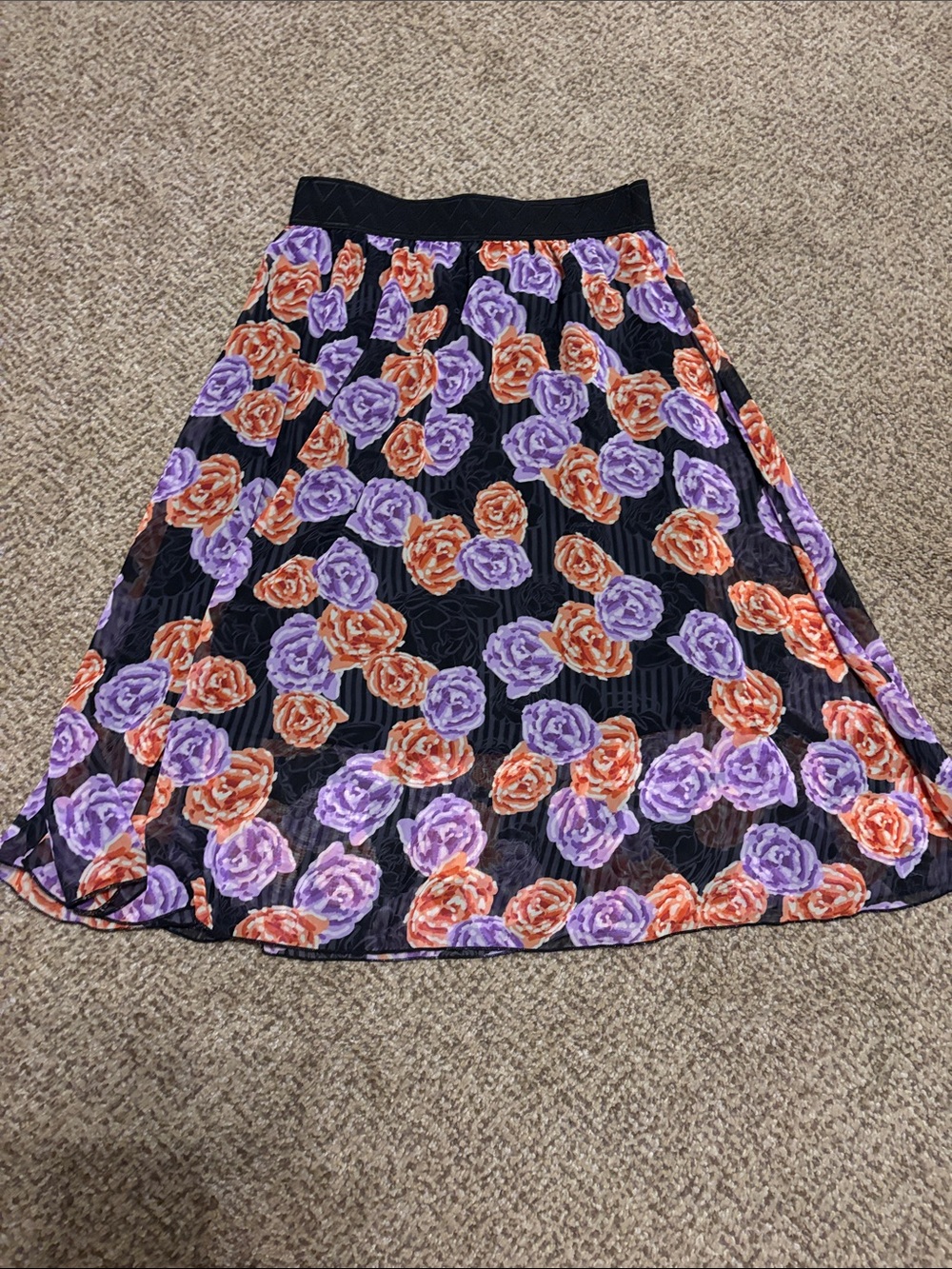 Lularoe Floral A-Line Skirt in Black with Purple and Orange Roses Small